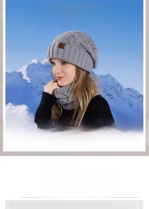 Close-up of grey cable-knit beanie with leather label and plush lining scarf