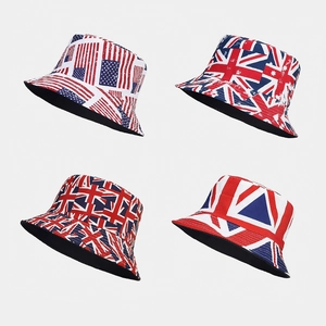 Reversible bucket hats with American and British flag patterns for outdoor sun protection