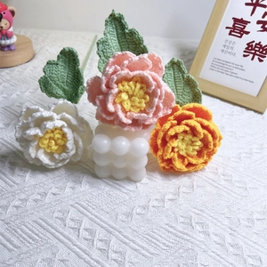 Handmade crochet peony bouquet in a white bubble vase with pink and white flowers