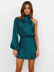 Elegant emerald green satin one-shoulder maxi dress with a long lantern sleeve