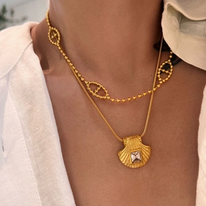 Muschel Anhänger Mehrlagige Halskette 18K Vergoldet Edelstahl Zirkon Schlangenkette Kugelkette Retro Damen