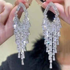 Rhombus Rectangle Zircon Long Tassel Earrings Copper With 925 Sterling Silver Earring Post Elegant Wedding Party For Women