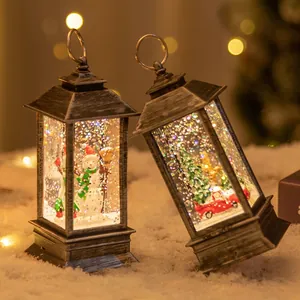 Retro Christmas lantern with snowman and red truck inside, warm LED festive glow