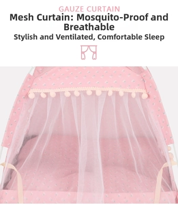 Detailed view of pink floral gauze curtain with soft pom-poms for breathable pet tent