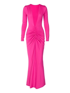 Elegant rose red long sleeve maxi dress with deep V-neck and ruched waist detail