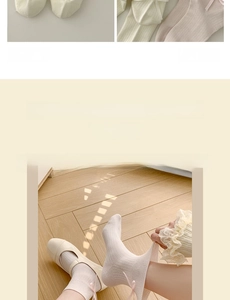 Detail of cream rib-knitted socks featuring cute pink ribbon bows in Japanese style