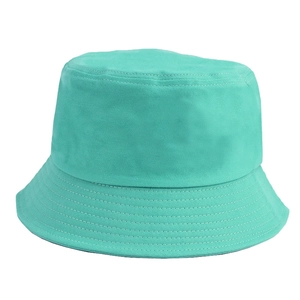 Detail of mint green cotton bucket hat showing parallel stitching on reinforced brim