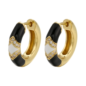 Detailed view of gold rectangle earrings with colorful enamel and crystal accents