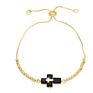 Detail of adjustable gold box chain bracelet with black stone cross and bead accents