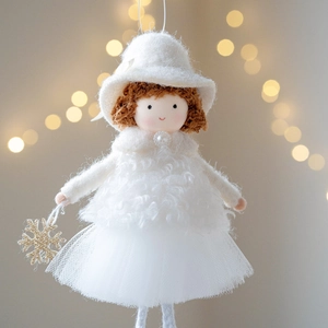 Plush Christmas angel doll with white faux fur coat and golden snowflake for tree decoration