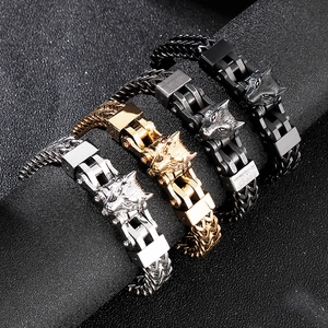 Hip hop punk wolf head bracelet with heavy mesh chain for men in four metallic finishes