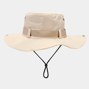 Breathable outdoor sun hat with wide brim and adjustable chin strap in beige