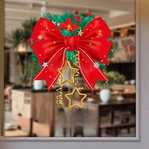 Christmas bow window static sticker with pine needles and Happy New Year gold text