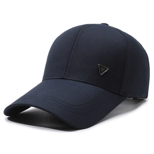 Navy blue cotton baseball cap for men featuring a stylish metal fashion logo plate