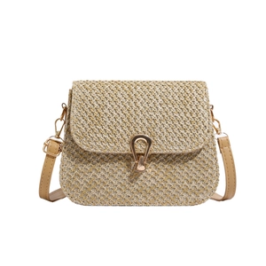 Chic beige woven crossbody bag with golden horseshoe clasp and brown leather strap