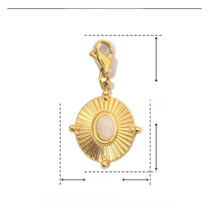 Detail view of 30mm sun-shaped stainless steel pendant with natural stone and lobster clasp