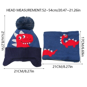 Detailed sizing guide for boys' knit dinosaur hat and scarf set in navy blue with measurements