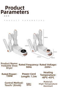 Technical specs of white folding shoe dryer showing size 280x278mm and 150W power