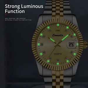Luminous quartz watch with two-tone steel band and gold dial featuring date window