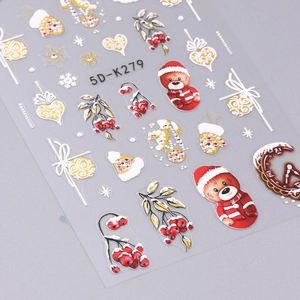 Detailed 5D embossed Christmas nail stickers featuring teddy bears and white snowflakes