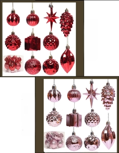 Detailed assortment of red and pink electroplated Christmas ornaments with varied shapes