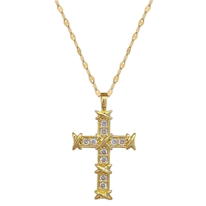 Elegant gold titanium cross necklace featuring pavé diamonds and X-shape rope wrap