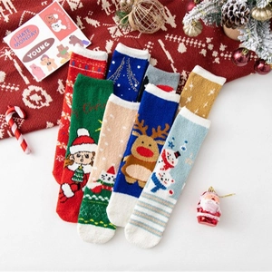 Cute Christmas thermal coral fleece socks with reindeer and Santa patterns in various colors
