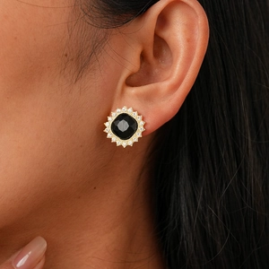 Classic halo stud earring with cushion-cut black gemstone and white zircon accents