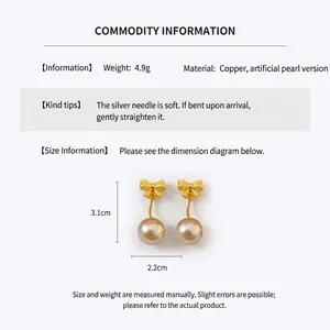 Detailed dimensions of gold bow and pearl earrings made of copper and silver needles