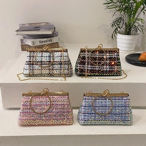Elegant tweed ring handle handbag with sequins and chain strap in four colors