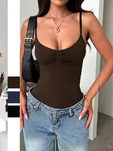 Women Spaghetti Strap Bodysuit Sexy Ruched V Neck Solid Color Slim Fit Sleeveless Streetwear Summer Bodysuit Top
