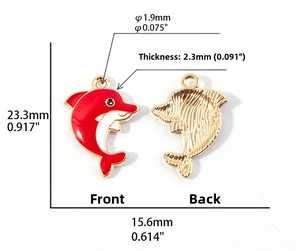 Detailed size specifications for dolphin alloy charm with red enamel and gold plating