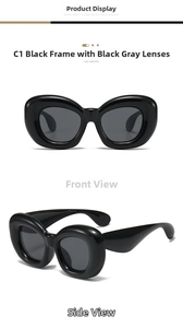 Front and side view of chunky black frame sunglasses with dark grey lenses