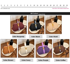 Detail view of seven color variations for the minimalist crossbody shell bag on a wooden table