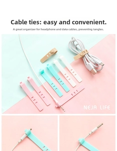 Detail of adjustable silicone cable ties in macaron colors for earphone management