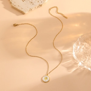 18K gold plated stainless steel necklace with round floral shell pendant for women