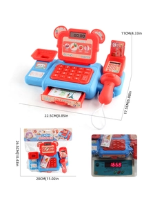 Detailed views of kids supermarket toy set with cash register, scanner, and groceries