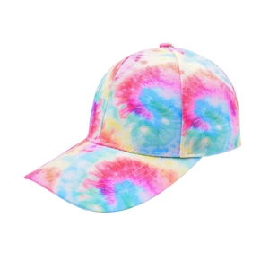 Detailed view of tie-dye baseball cap with pink blue yellow green spiral patterns