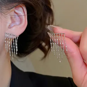 Silver metal tassel stud earrings featuring delicate beaded chain fringe for women