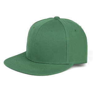 Detail view of dark green flat brim hip-hop hat showing cotton twill fabric and stitching