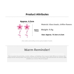Detailed view of pink chiffon flower earrings showing dimensions and 9.9g weight