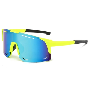 Fluorescent yellow oversized sports sunglasses with blue and purple gradient mirror lenses
