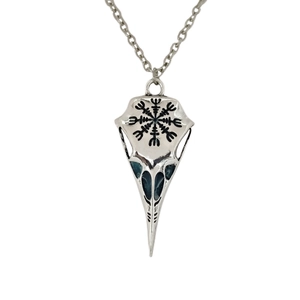 Luminous Viking raven skull necklace with Vegvisir compass symbol on silver metal chain