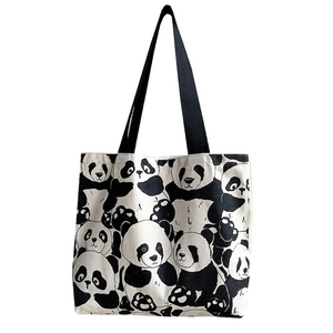 Cute panda print canvas tote bag with black handles and large capacity storage space