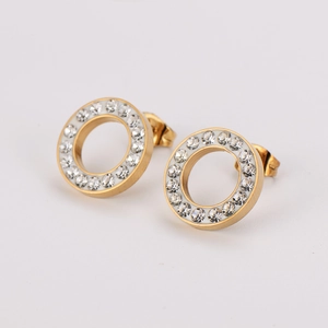 Boucles d'oreilles rondes dorées avec strass brillants en acier inoxydable de luxe