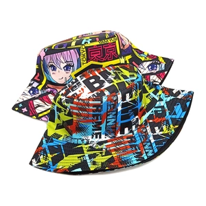 Anime and graffiti print bucket hats in yellow and abstract colors for outdoor wear