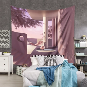 Detail view of large bohemian sunset beach tapestry hanging on a textured bedroom wall