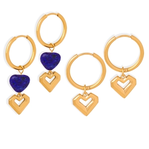 Gold plated titanium steel earrings with heart-shaped natural stone and hollow charms
