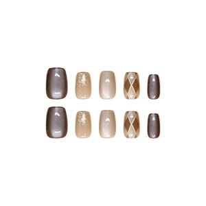 Brown cat eye and checkerboard press-on nails set in short square shape