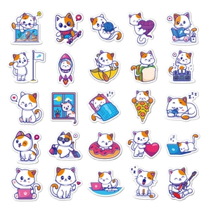 Detailed grid of 25 waterproof cartoon cat stickers with various cute hobby activities